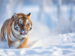 Obraz premium Winter's fierce stride. Amur tiger roams snow, a wild dance