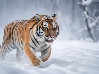 Winter's wild. Amur tiger dashes through snow, a fierce wildlife spectacle.