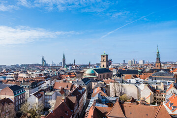 Copenhagen, Denmark - April 6, 2024: View over the city from The Round Tower platform. Copenhagen cityscape panorama.