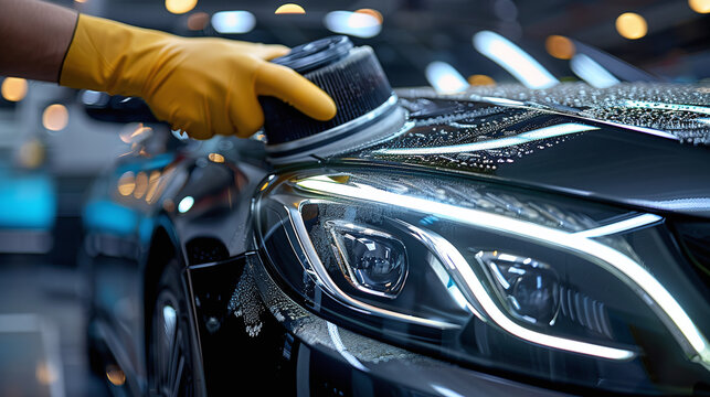 close-up of man polising a black car, car detail shop