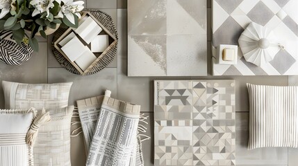 Geometric cement tiles next to panels and fabric samples in beige and gray hues.