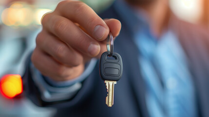 Close-up of salesman holding new car key in a car dealership, acquisition
