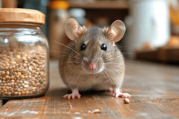 Close up small domestic grey mouse on table next to jar of cereal in the kitchen