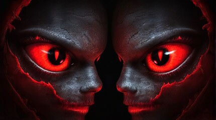 Intense demonic faces with glowing red eyes. Devils with vibrant eyes. Concept of Halloween, horror, evil spirits, supernatural beings, optical illusion.