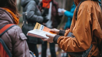 Person distributing flyers on a busy urban street. Volunteer handing out pamphlets to pedestrians. Concept of advertising, public awareness, street marketing, and urban engagement.