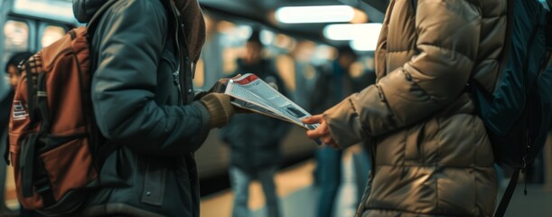 Person handing an advertising flyer to another in a busy urban setting. Exchange of promotional material on a city street. Concept of direct marketing, street promotion