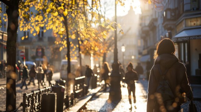 Woman walking through a sunlit urban street at sunset. Cityscape illuminated with golden light. Concept of urban life, city walking, tranquil moments, and golden hour beauty.