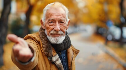 Elderly Caucasian male standing alone extending his hand towards the camera in a welcoming gesture