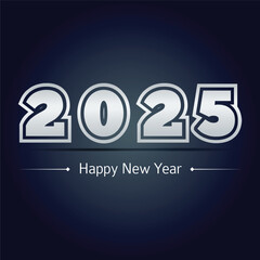 Happy new year 2025. White paper numbers with golden Christmas decoration and confetti on dark blue background. Holiday greeting card design.