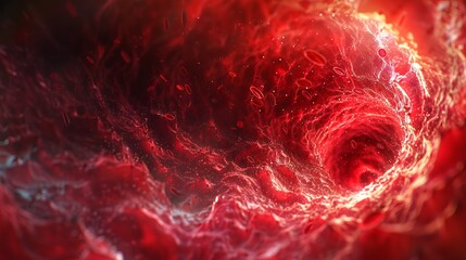 Human blood cells moving through a vessel, capturing the dynamic flow. Red blood cells journey through an artery, emphasizing the concept of circulatory health.