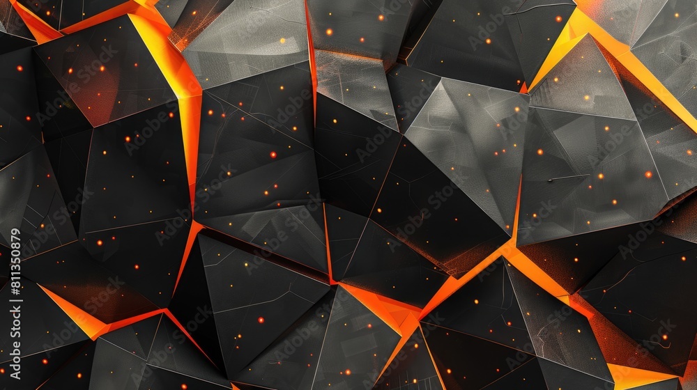 Poster black orange low-polygonal background in the form of polygons, lines, and dots. ai generative.
