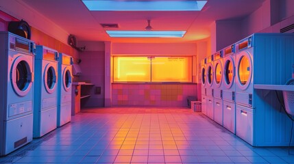 High-tech laundromat featuring sleek machines and neon illumination. Futuristic and efficient laundry space. Concept of modern amenities, technological advancement, public service.