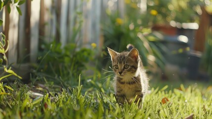 Small kitten frolicking in a backyard
