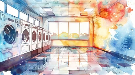 Public laundromat with washing machines. High-tech laundry facility. Concept of technology, efficiency, modern public amenities. Watercolor