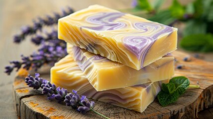 Stack of freshly cut, homemade soap bars with swirls of lavender and mint, placed on wooden...