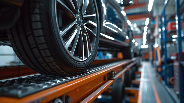 low angle close-up photo of machine equilibrage roues pneus dans centre service automobile reflecteur laser calibre ajuste conduite