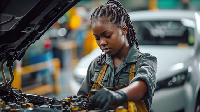 young black mechanic woma  repairing a modern car
