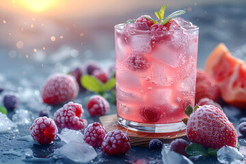 Fresh summer drinks cocktails with berries, fruits, ice and frost on glasses. Vacation open beach bar concept.