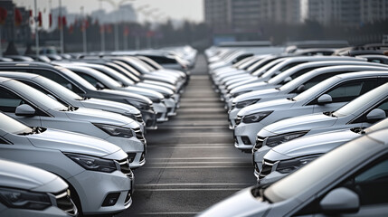 Fototapeta premium row of silver cars in the parking lot of a car dealership facility, mass production, second hand cars
