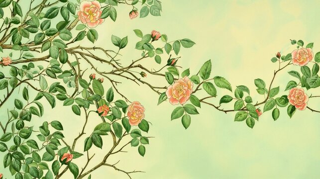 Beautiful Floral Illustration with Roses. Vintage Artwork with copy-space.