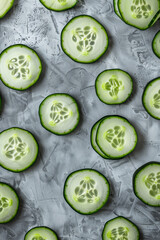 top view on slices of fresh organic cucumber on the table copy space