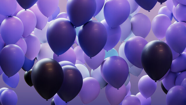 Blue, Violet and Turquoise Balloons Floating in the Air. Fun, Birthday Wallpaper.