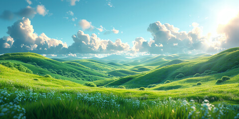 Obraz premium Lush green rolling hills under a vibrant blue sky with fluffy clouds, capturing the essence of a serene, sunlit landscape