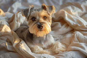 Pequeño perro Yorkshire Terrier tumbado en una manta blanca al atardecer.