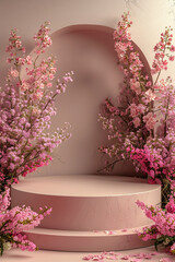 round empty podium with some beautiful flowers for product showcase generated by AI