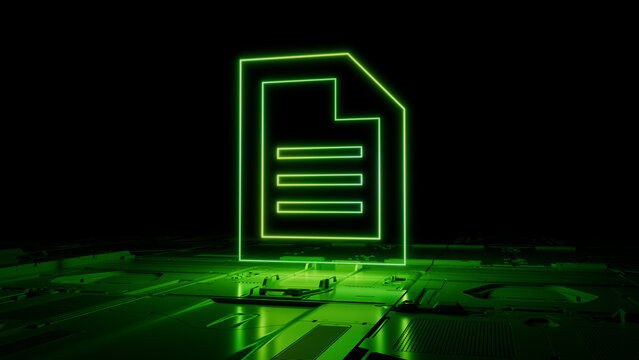 Green Word document Technology Concept with document symbol as a neon light. Vibrant colored icon, on a black background with high tech floor. 3D Render
