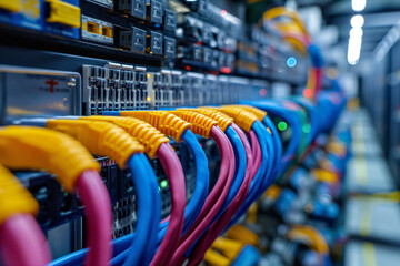 Closeup of network cables and hub in data center, technology background, selective focus, copy space