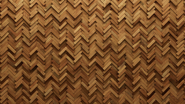 Timber Tiles arranged to create a Natural wall. Herringbone, 3D Background formed from Wood blocks. 3D Render
