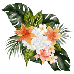 Watercolor hand draw tropical bouquet, exotical flowers, tropic butterfly, isolated on transparent background © марина васильева
