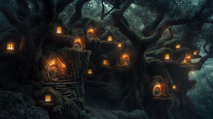 Fototapeta premium A captivating image of an elfin village nestled among ancient trees, with tiny lanterns glowing softly in the twilight. Dynamic and dramatic composition, with copy space