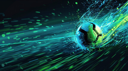 Football theme design, ball in motion, neon green, neon blue with black, copy space