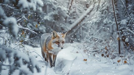 Gray fox strolling through snowy forest landscape