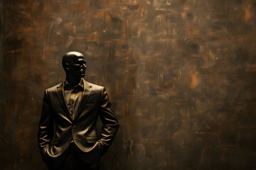 Bronze statue of a man in a suit standing against a textured dark background