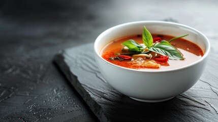 Elegantly presented Tom Yum soup in a white bowl against a dark background, suitable for fine dining promotions or culinary art portfolios.
