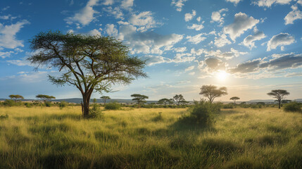 Fototapeta premium Majestic acacia tree in African savannah at sunset