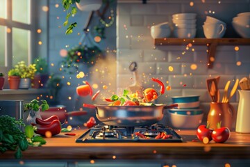 A whimsical and animated kitchen scene with ingredients flying into a pan, great for engaging culinary content or animated recipe videos.