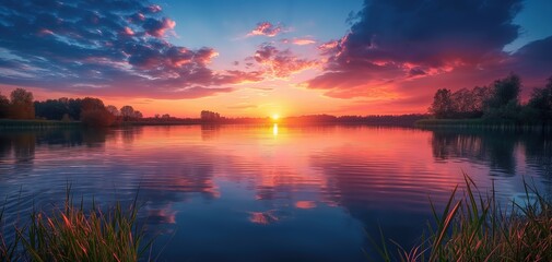 peaceful lake at morning with sunlight reflection on water surface with misty fog drifting around, beautiful nature beauty landscape, Generative Ai