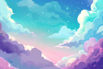 Bright and colorful illustration of a sky with fluffy clouds and a gradient from pink to blue