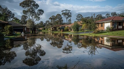 Obraz premium Suburban Reflections: Calm After Flooding. suburban homes mirrored perfectly in the still floodwaters under a clear blue sky