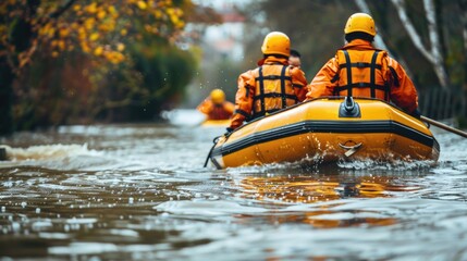Emergency Response Team in Floodwaters. Photo highlights the urgency and efforts of rescue operations during a flooding disaster