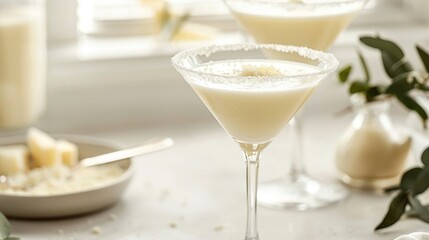 Elegant White Cocktail in a Martini Glass. Martini infused with a unique cheesy twist is presented in a classic glass
