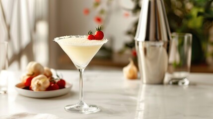 Elegant White Cocktail in a Martini Glass. Martini infused with a unique cheesy twist is presented in a classic glass