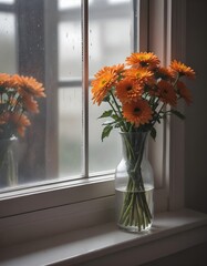 A bouquet of flowers in a glass vase placed on a windowsill, with a rainy day visible through the window