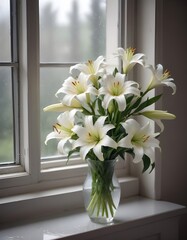 A bouquet of flowers in a glass vase placed on a windowsill, with a rainy day visible through the window
