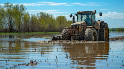 Flooded Farmland: Tractor and Cattle in Water. flooded farm with cattle wading through water and a tractor stalled by the inundation
