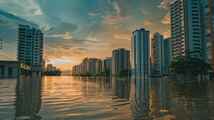 Fototapeta premium Floodwaters Surround High-Rise Buildings. High-rise residential buildings surrounded by extensive floodwaters under a dramatic sky